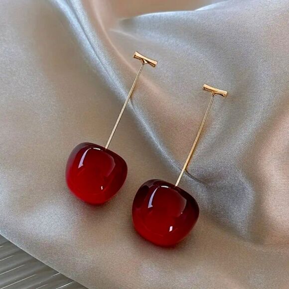 Cherry Earrings Red Fruit Fashion Jewelry Size 0.83''x1.7'' - Picture 6 of 11